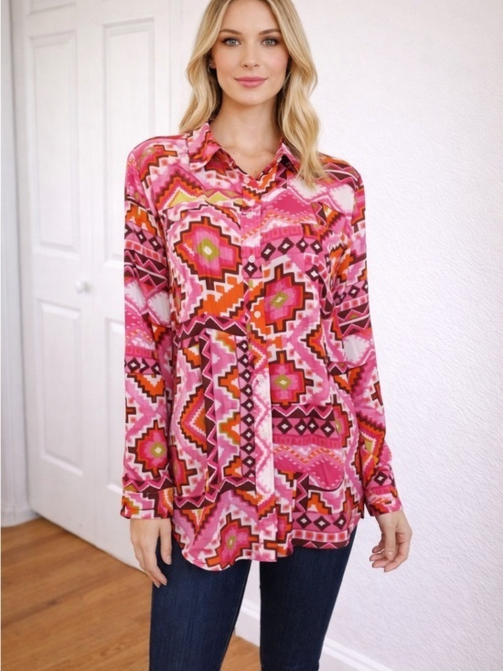 JONES NEW YORK Blouse Size XL Multi Color Long Sleeves 100% Polyester Shirt Top